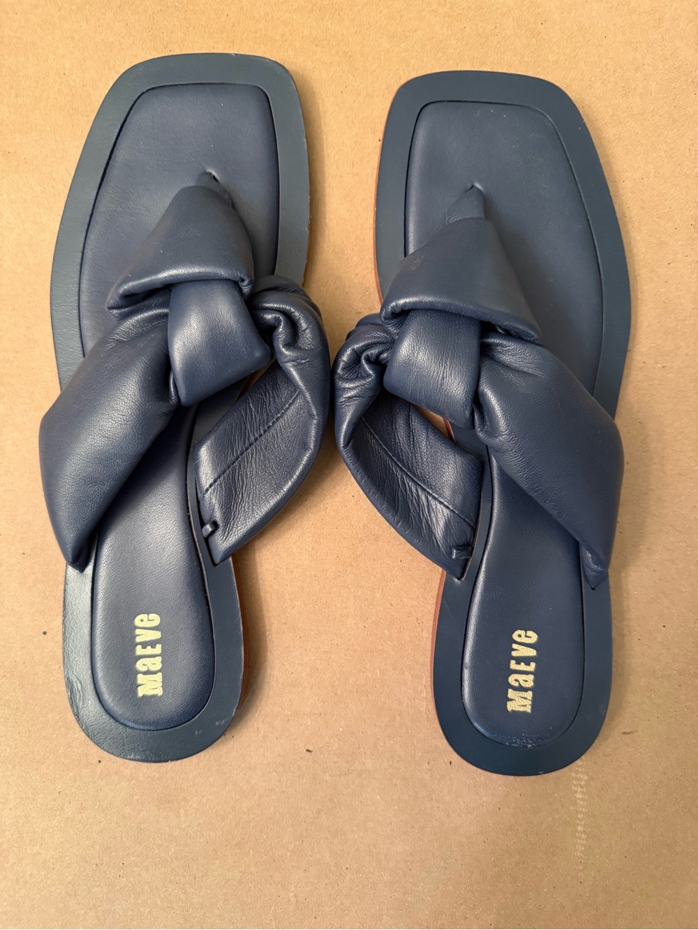 Maeve Navy Knotted Leather Slide Sandals